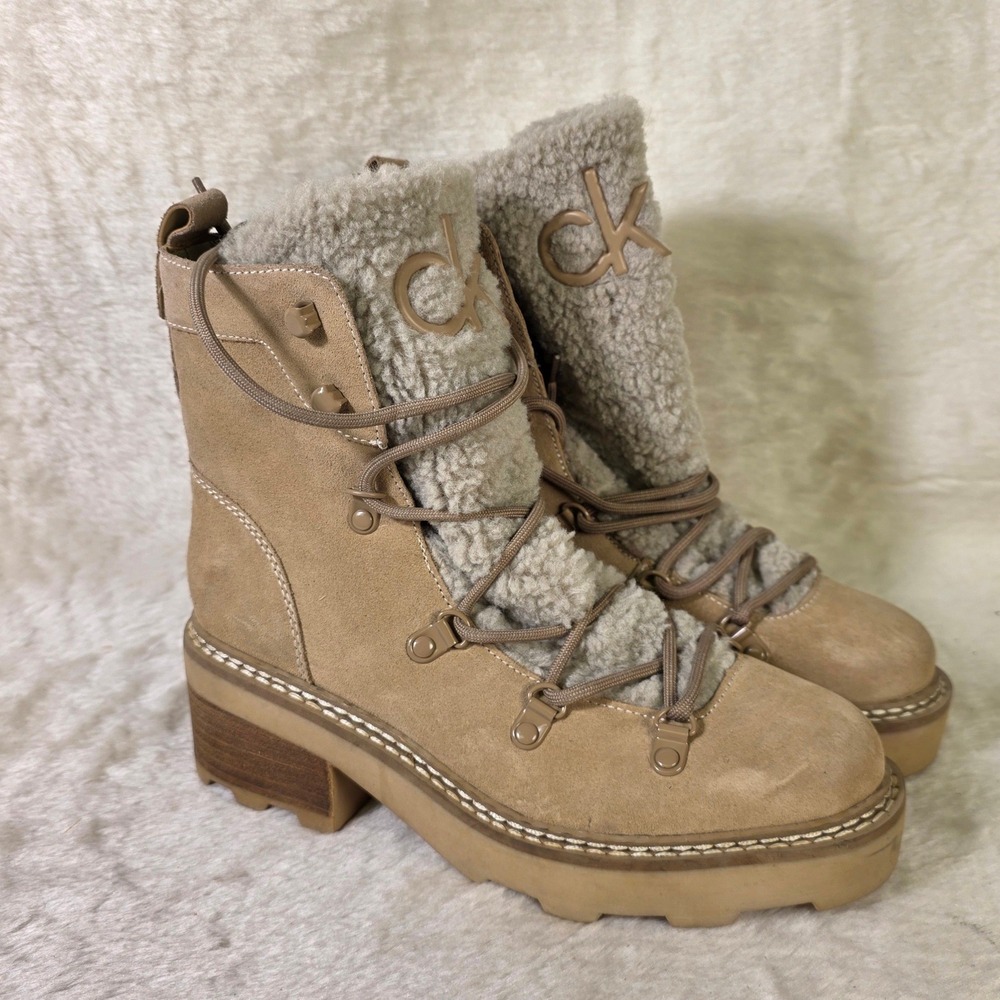 Calvin Klein Faux Fur Suede Combat Boots Beige Womens 6.5 Excellent